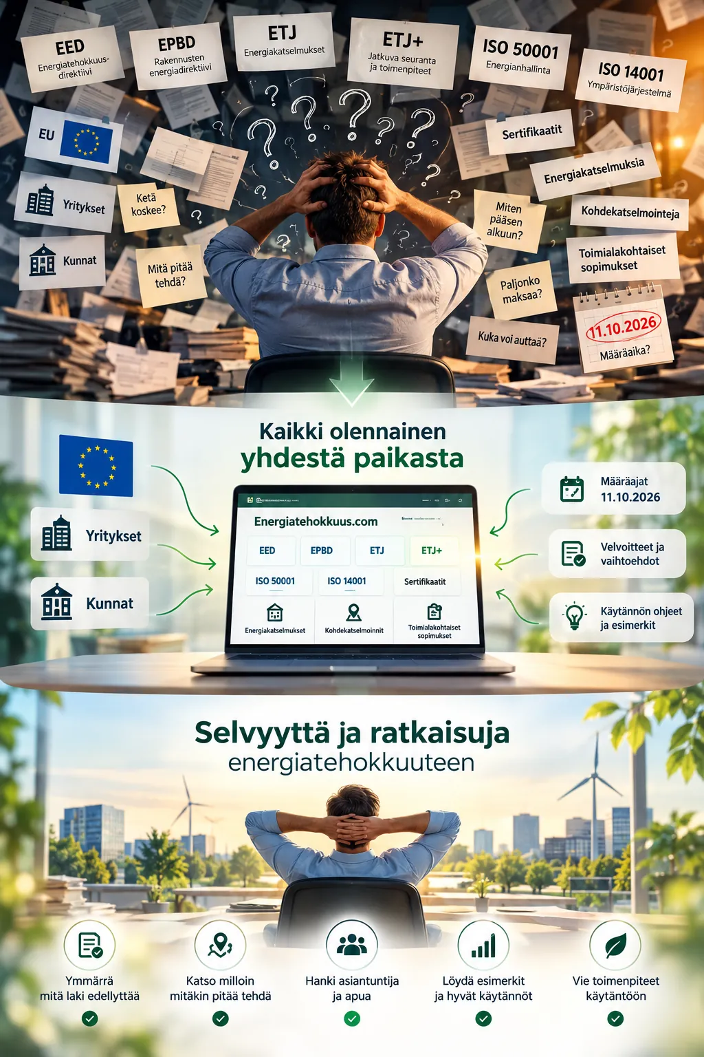 Kolmiosainen kuvitus: ihminen kysymysten ja lappujen keskellä, sitten kannettava, jossa kaikki olennainen on koottu yhteen paikkaan, ja lopuksi rauhallinen ihminen selkeän kaupunkimaiseman edessä.